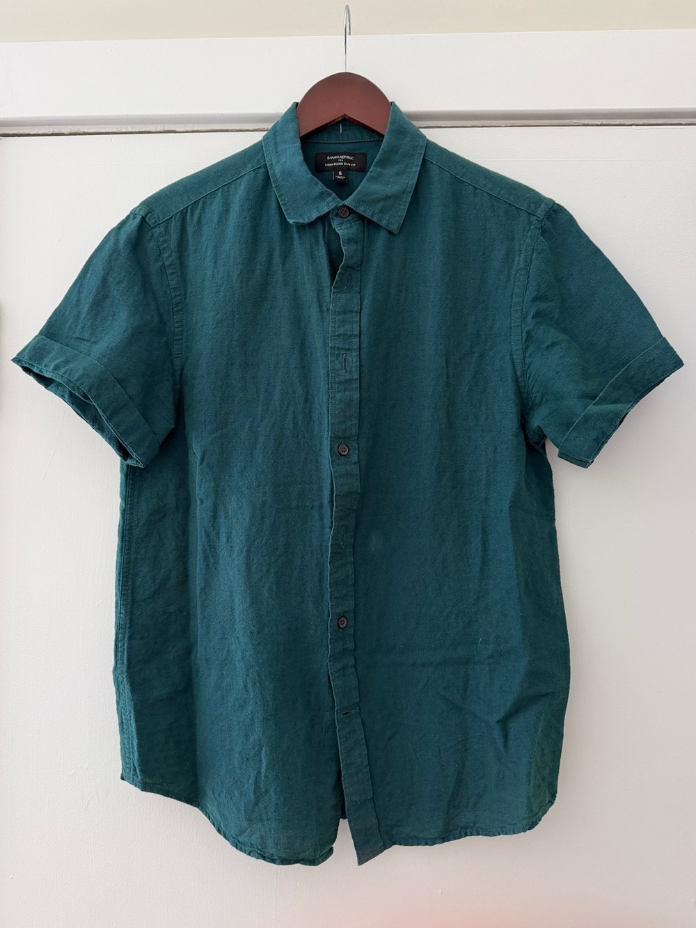 Banana Republic Teal Short-Sleeve Linen Blend Button-Down Shirt